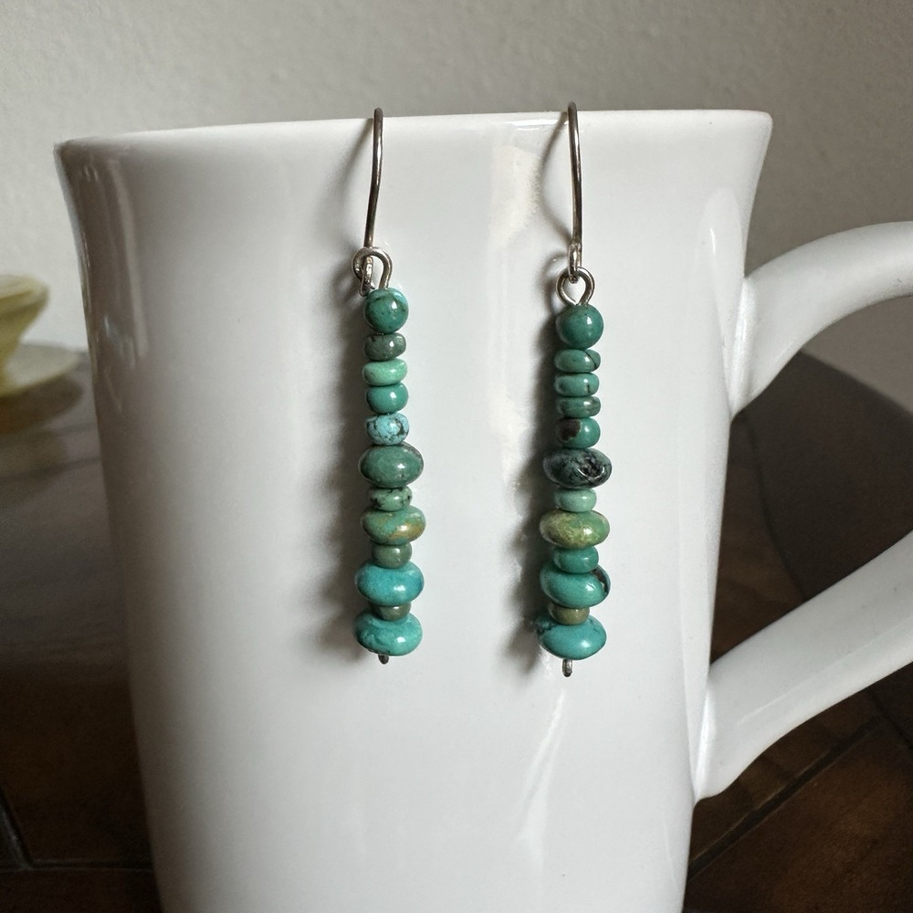 VTG Artisan Hook Dangle Earrings 2" Blue Green Turquoise Beads 925 Sterling 3.4g